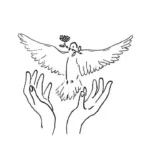 Logo Mira Veda. Schwaz Weiss Zeichnung. Taube erhebt sich aus geöffneten Händen im Schnabel eine Rose