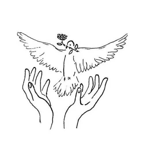 Logo Mira Veda. Schwarz Weiss Zeichnung. Taube erhebt sich aus geöffneten Händen im Schnabel eine Rose