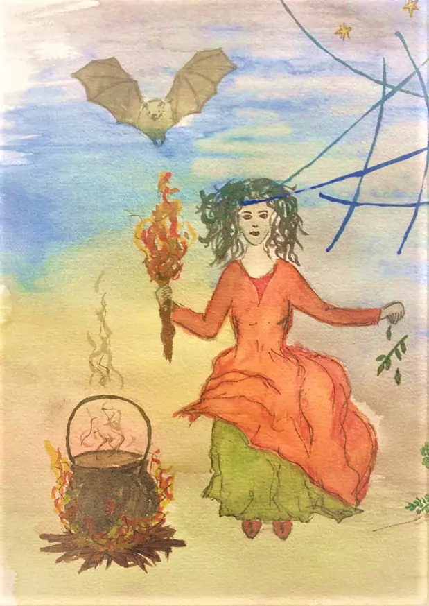 Feuerfrau. Farbzeichnung von Patricia von Maravić. Eine Frau im rot grünen Gewand hält in der rechten Hand eine Fackel. Aus ihrer linken Hand fallen Kräuter zu Boden. Links vor ihr steht ein Kessel auf einem Feuer. Über ihr schwebt eine Fledermaus. Von ihrem Kopf verweben sich Fäden mit dem Sternenkosmos.
