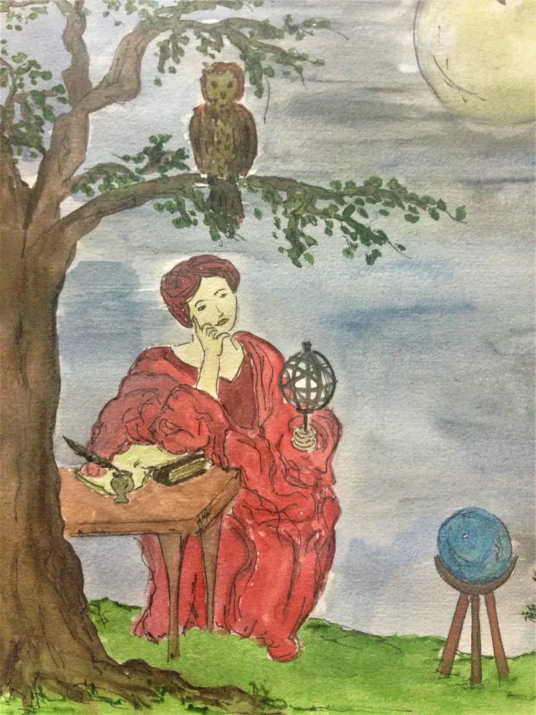 Ayur Vidya. Farbzeichnung von Patricia von Maravić. Frau im roten wallenden Gewand sitzt sinnend an einem Pult unterm einem Baum im Vollmondlicht. Auf dem Pult liegen ein Buch, Feder und Tuscheglas. Am Ast über ihr sitzt eine Eule. Auf der Wiese steht eine Weltkugel auf einem Dreifuss.