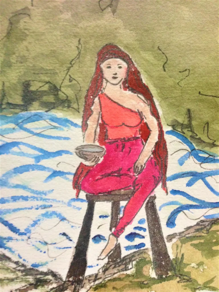 Pythia. Farbzeichnung von Patricia von Maravić. Eine Frau mit langem braunen Haar, in rot gekleidet, auf einem Dreifuss vor einer Quelle sitzend, hält in der rechten Hand eine Schale.