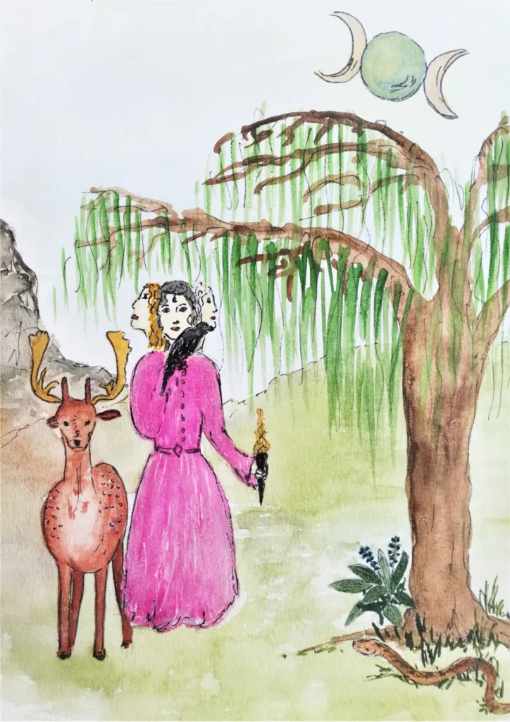 Weiße Frau. Farbzeichnung von Patricia von Maravić. Eine Frau im pinkfarbenen Gewand mit drei Gesichtern, dem eines jungen Mädchens, einer erwachsenen Frau und einer Greisin steht in der Natur. Sie hält in der Hand ... Auf ihrer Schulter sitzt ein Rabe. An ihrer Seite steht ein Hirsch. Seitlich von ihr ist ein Baum. Unter dem Baum kommt eine Schlange auf sie zu. Am Himmel über dem Baum steht der Mond in zunehmender Sichel, Vollmond und abnehmender Sichel.