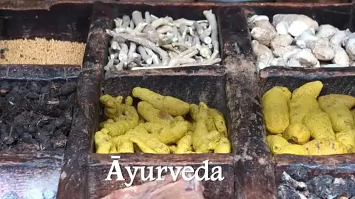 Ayurveda. Farbfoto von sieben verschiedenen āyurvedischen Gewürzen, die offenen in einer alten Gewürzbox aus Holz liegen.