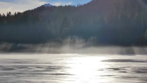 Farbfoto. Das Licht bricht durch Nebelschleier über einem See. Im Hintergrund Wald und schemenhaft Bäume zu erkennen.